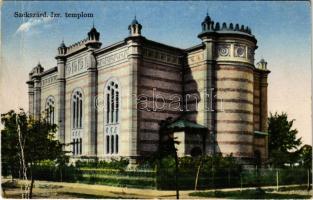 1930 Szekszárd, Izraelita templom, zsinagóga. Kaszás Sándor kiadása + SÁRBOGÁRD - BÁTASZÉK 136 vasúti mozgóposta bélyegző (fa)