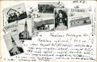 1904 Izsák, indóház, vasútállomás, gőzmozdony, vonat, Városháza, Mária szobor, Református és katolikus templom, Piac tér, Izsák László vendégfogadója, Izsák József üzlete és saját kiadása. Art Nouveau, floral (b)