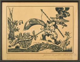 Horváth Mária (?-): Illusztráció a Dancing Turtle c. könyvből. Ofszet nyomat, papír. Jelzett. Üvegezett fakeretben, 28×42 cm