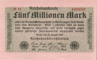 Német Birodalom / Weimari Köztársaság 1923. 5.000.000M (3x) kis ugrású ill. egymás utáni sorszámokkal T:I