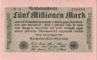 Német Birodalom / Weimari Köztársaság 1923. 5.000.000M (3x) kis ugrású ill. egymás utáni sorszámokka...