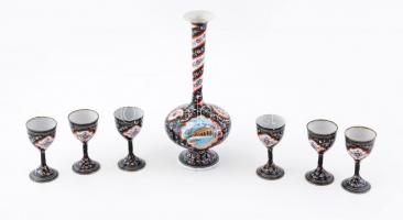 Likőrös készlet. XIX.sz. zománcozott fém, kézzel festett, 6 db pohár + kiöntő/váza 23 cm, 6 cm / Liquor set. 19th century enameled metal.