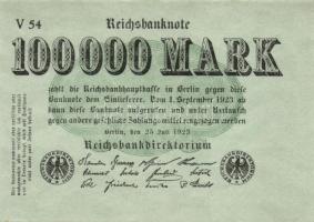 Német Birodalom / Weimari Köztársaság 1923. 100.000M (6x) azonos betűjellel és sorozatszámmal T:I