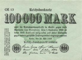 Német Birodalom / Weimari Köztársaság 1923. 100.000M (5x) azonos betűjellel és sorozatszámmal T:I