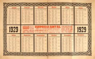 1929 Csepregi Antal rádió és elektrotechnikai vállalata Orosháza nagyméretű reklám naptára, Orosházi Friss Ujság-ny., hajtott, néhány kisebb szakadással, 67,5x42 cm