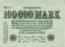 Német Birodalom / Weimari Köztársaság 1923. 100.000M (5x) azonos betűjellel és sorozatszámmal T:I