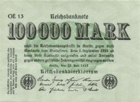 Német Birodalom / Weimari Köztársaság 1923. 100.000M (5x) azonos betűjellel és sorozatszámmal T:I