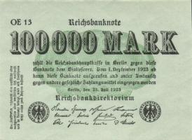 Német Birodalom / Weimari Köztársaság 1923. 100.000M (5x) azonos betűjellel és sorozatszámmal T:I