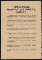 1956 Édesanyák, magyar asszonyok, lányok!, a Forradalmi Munkás-Paraszt Kormány röplapja a forradalom idejéből, 21x14,5 cm