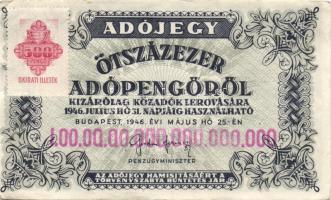 1946. 500.000.000AP 500P (2x) okirati illetékbélyeggel + vízszintes lila számbélyegzővel! Fantázia?! T:II+,II