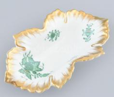 Herendi Apponyi mintás leveles tálka. Kézzel festett porcelán, jelzett, kopásnyomokkal, 15×9 cm.