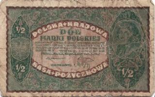 Lengyelország 1919-1920. 1/2 M (1x) + 1M (2x), 1M más típus (1x), 5M (1x) összesen 5db bankjegy T:II,III,III-