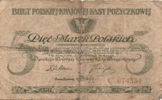 Lengyelország 1919-1920. 1/2 M (1x) + 1M (2x), 1M más típus (1x), 5M (1x) összesen 5db bankjegy T:II...