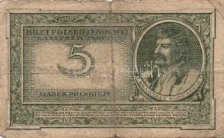 Lengyelország 1919-1920. 1/2 M (1x) + 1M (2x), 1M más típus (1x), 5M (1x) összesen 5db bankjegy T:II...