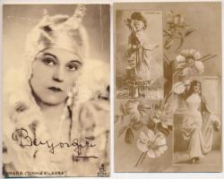 4 db régi képeslap: Bajor Gizi, K. Pálmay Ilka, Tamási W. József dal-komikus, Familie Wallords cirku...