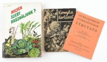 3 db kertészeti kiadvány: Gyümölcstermelési és gyümölcsfavédelmi útmutató. Összeáll.: Mahács Mátyás és Dr. Husz Béla. Bp., 1933, Gyümölcstermelők Országos Egyesülete, 32 p. Kiadói tűzött papírkötés. + Kardos Árpád: Konyhakertészet. Bp., é.n., Singer és Wolfner, 78+(2) p. Kissé sérült kiadói papírkötés. + Milyen szert használjunk? Szerk.: Szabadi Gusztáv. Bp., 1990, Mezőgazdasági Kiadó. Kiadói papírkötés.