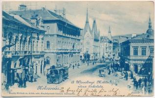 1899 (Vorläufer) Kolozsvár, Cluj; Wesselényi Miklós utca torkolata, városi kisvasút, vonat, Szegedi Zoltán és ifj. Pere István üzlete. Dunky fivérek kiadása / street, urban railway, train, shops