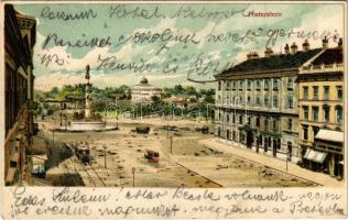 Wien, Vienna, Bécs; Praterstern mit Tegetthoff-Monument / street view, monument, horse-drawn tram. litho