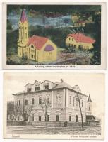 Lupény, Lupeni; Református templom és iskola, Bányaigazgatósági palota - 2 db régi képeslap / Calvinist church and school, mining directorate - 2 pre-1945 postcards