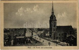 1923 Essen, Kray, Ev. Kirche und Leitherstraße / Lutheran church, street view (EK)