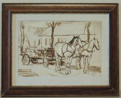 Vörös Géza (1897-1957) lovasszekeret ábrázoló, diófapác technikával készült festmény, szignáltan, keretben (50x38cm)