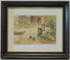 Mednyánszky László (1852-1919) barakokat ábrázoló, jelzéssel és "Mednyánszky hagyatékából 1919" pecséttel  ellátott akvarel, papír festménye, keretben (35x35)