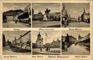 1941 Kolozsvár, Cluj; Várhegy, Mátyás király szobra, Horthy Miklós út, Hitler Adolf tér, Országzászló, Mátyás király tér / statue, monument, street view, square, Hungarian flag (EK)
