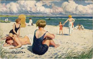 Badeleben / Au bain de mer / Ladies sunbathing at the beach, slightly erotic art postcard. Alex. Vincents Kunstforlag Malerieserie Nr. 45. s: Paul Fischer (EK)