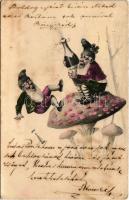 1904 New Year greeting, dwarves with champagne and mushroom (EB)