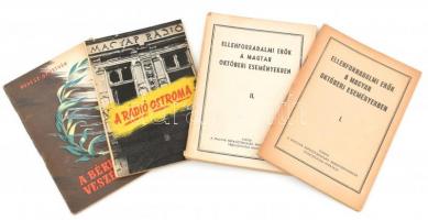 4 db '56-os forradalommal kapcsolatos kiadvány: Ellenforradalmi erők a magyar októberi eseményekben. I-II. Kiadja a Magyar Népköztársaság Minisztertanácsa Tájékoztatási Hivatala. Fekete-fehér fotókkal illusztrálva. Kiadói papírkötés. + Havasi Tamás - Herczeg János - Kerek György: A rádió ostroma. 1956. október 23. + Révész Gy. István: A béke volt veszélyben. Bp., 1957, Kossuth. Kiadói papírkötés.