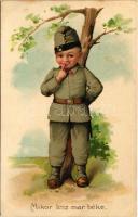 1916 Mikor lesz már béke / WWI German and Austro-Hungarian K.u.K. military, boy in soldiers uniform. litho (EK)