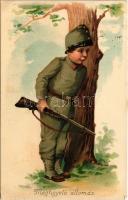 1916 Megfigyelő állomás / WWI German and Austro-Hungarian K.u.K. military, boy in soldiers uniform. litho (EK)