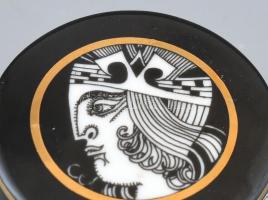 Hollóházi Szász Endre által tervezett mintával díszített tégely, matricás, hibátlan, jelzett, 5,5x6 ...