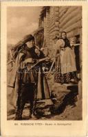 Russische Typen. Bauern im Sonntagsstaat / Russian folklore, traditional costumes (ázott sarok / wet corner)