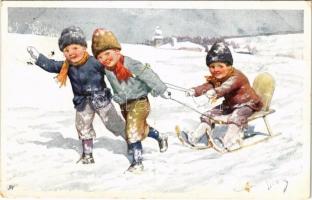 Children art postcard, winter sport, sled. B.K.W.I. 3017-1. s: K. Feiertag (EK)