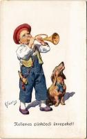 Kellemes pünkösdi ünnepeket! / Children art postcard, Pentecost greeting with Dachshund dog. B.K.W.I. 974-5. s: K. Feiertag (EK)