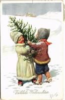 1913 Fröhliche Weihnachten / Children art postcard with Christmas greeting. B.K.W.I. 2781-6. s: K. Feiertag (szakadás / tear)