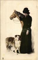 Lady art postcard with dog and horse. Raphael Tuck & Sons Aquarell-Connoisseur Postkartenserie No. 1282. (fl)