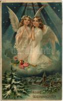 1916 Kellemes karácsonyi ünnepeket / Frohe Weihnachten / Christmas greeting art postcard with angels and toys. M.S.i.B. litho (EB)