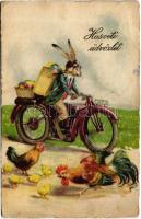 1931 Húsvéti üdvözlet / Easter greeting art postcard, rabbit with motorcycle and eggs (EB)