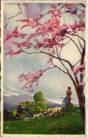 1929 Húsvéti üdvözlet / Easter greeting art postcard, lady with sheep s: T. Corbella (EK)