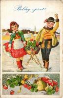 1943 Boldog Újévet! / New Year greeting art postcard, Hungarian folklore, mushroom and clover s: Bernáth (EB)