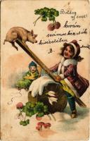 Boldog Újévet! / New Year greeting art postcard with pig, mushroom and clovers. litho (EB)
