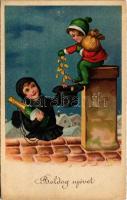 1947 Boldog Újévet! / New Year greeting art postcard with chimney sweeper and champagne (Rb)