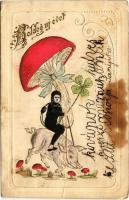 1905 Boldog Újévet! / New Year greeting art postcard with chimney sweeper riding a pig, giant mushroom, clover. Art Nouveau, Emb. litho (szakadás / tear)