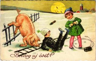 1935 Boldog Újévet! / New Year greeting art postcard with chimney sweeper and pig. L&P 2861.