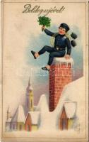 Boldog Újévet! / New Year greeting art postcard with chimney sweeper (EK)