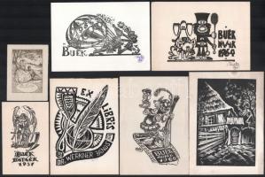 7 db ex libris grafika (Tavaszy Noémi, Szoboszlai Mata János, Imre Lajos), klf alkotóktól, klf technikákkal