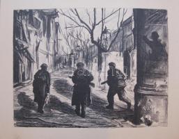 Jelzés nélküli két oldali rajz, egyik oldalon utcán siető forradalmárok, a másik oldalon ugró balerina, nagy 50x60cm-es méretben