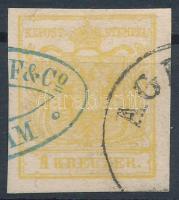 1850 1kr MP type Ib. világos okkersárga / light ocher AGR(AM) + kék cégbélyegzés / blue business postmark. Certificate: Ferchenbauer